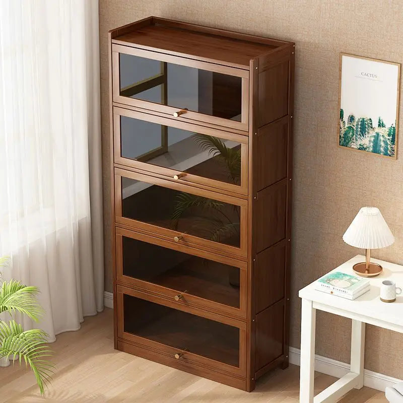 Estantería moderna de bambú con puertas abatibles, estantería de 4/5/6 niveles para sala de estar, dormitorio u oficina