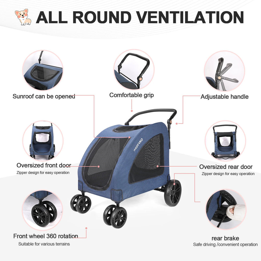 Cochecito de perro de alta resistencia para perros grandes de hasta 54 kg, carrito para mascotas plegable con ruedas de 360°, ventilación completa, cremallera delantera y trasera