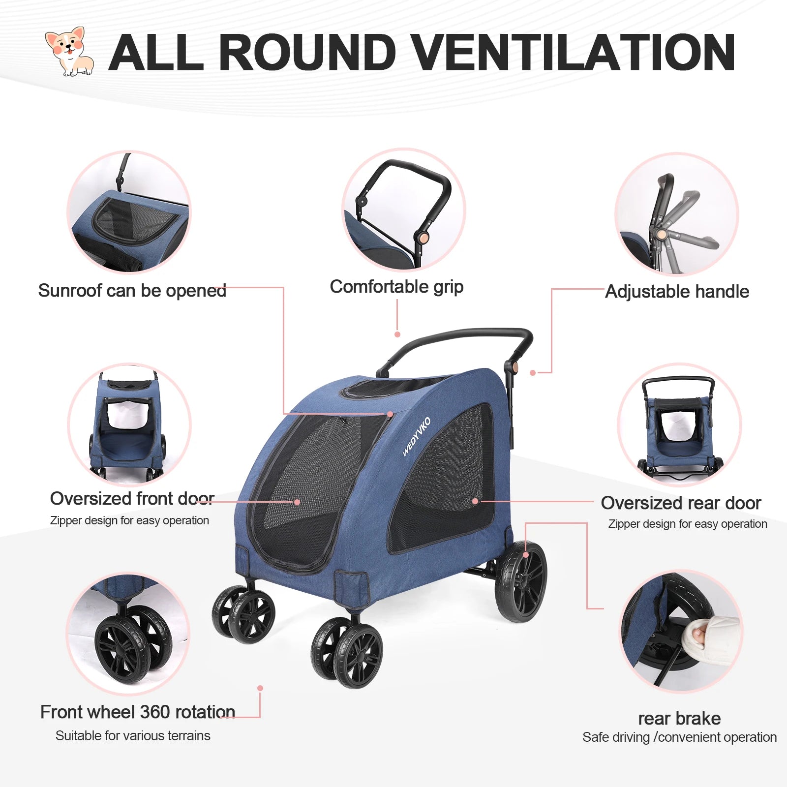 Cochecito de perro de alta resistencia para perros grandes de hasta 54 kg, carrito para mascotas plegable con ruedas de 360°, ventilación completa, cremallera delantera y trasera