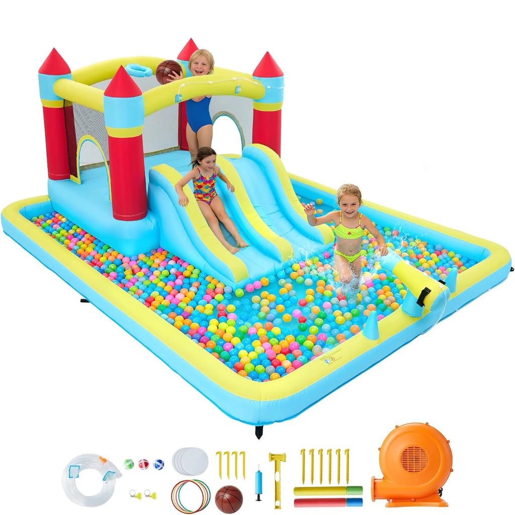 Castillo Hinchable de 15x11 pies con Soplador de 450W, Tobogán de Agua Húmedo y Seco 7 en 1 para Niños, Castillo Saltador para Interiores y Exteriores, Jardín