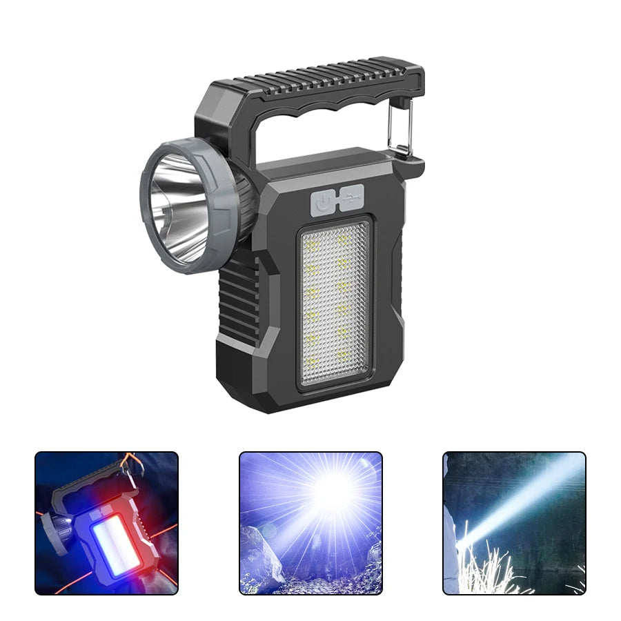 Linternas portátiles potentes recargables por USB con luz LED solar y luz de trabajo COB de 4 marchas para cargar teléfonos móviles y lámparas de camping.