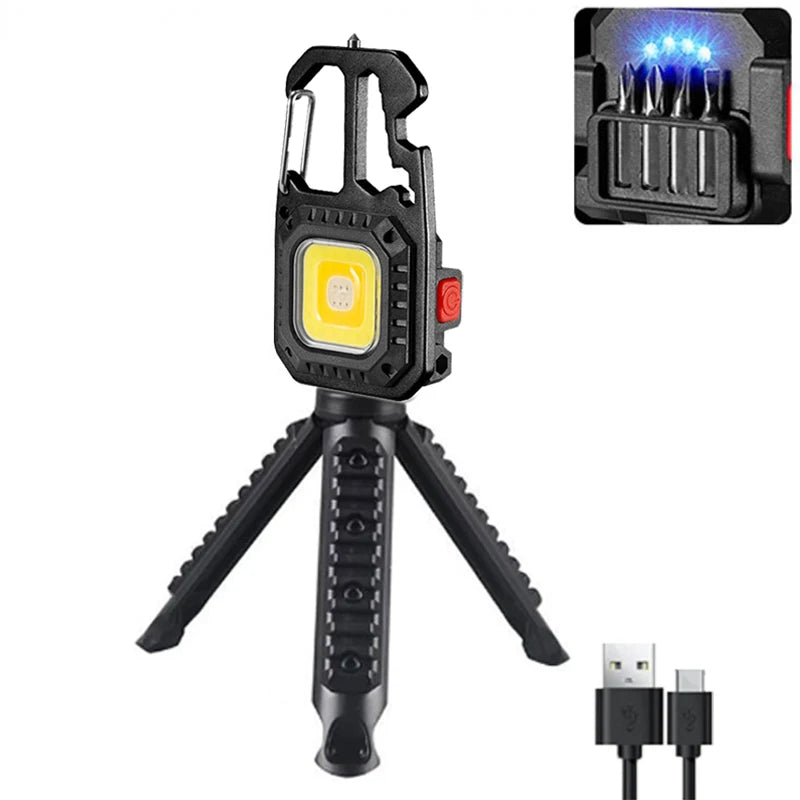 Linterna de trabajo portátil Mini LED tipo llavero Linterna de bolsillo recargable por USB Lámpara de camping al aire libre con martillo rompeventanas abridor de botellas