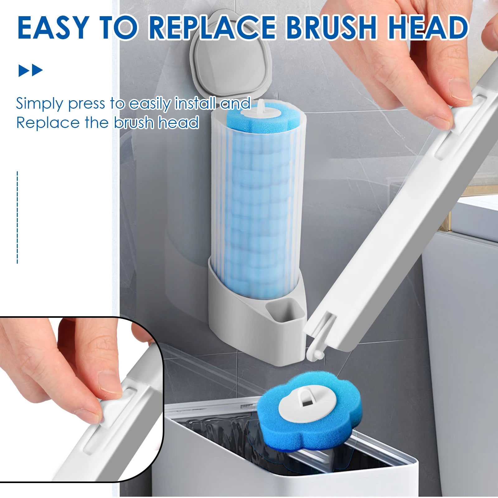 Kit de varita para inodoro, juego de escobilla de baño montado en la pared con 24 cabezales de repuesto, herramienta de limpieza efectiva para el baño 360° para el hogar