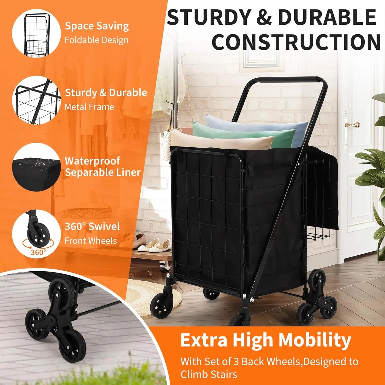 Carro utilitario plegable portátil para subir escaleras, carrito de compras con ruedas traseras triples y ruedas giratorias 360° para compras