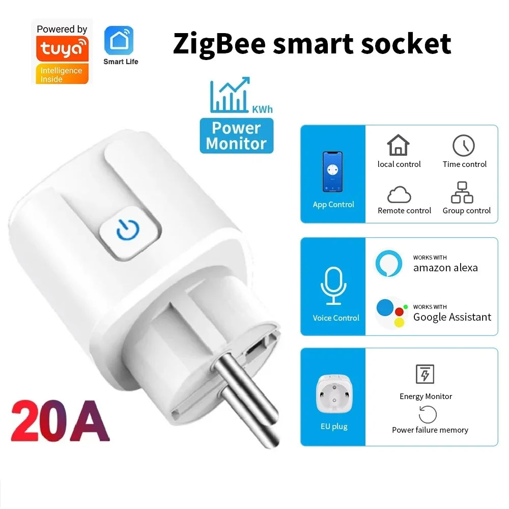 Enchufe inteligente TUYA WiFi/Zigbee Enchufe UE 16A/20A con monitor de energía Función de temporización Control de voz Funciona con Alexa GoogleHome