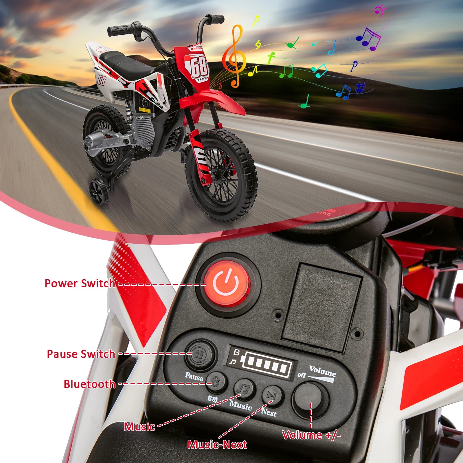 Moto eléctrica de motocross de 12 V para niños con ruedas de entrenamiento, acelerador de puño, velocidad máxima de 3 mph y música