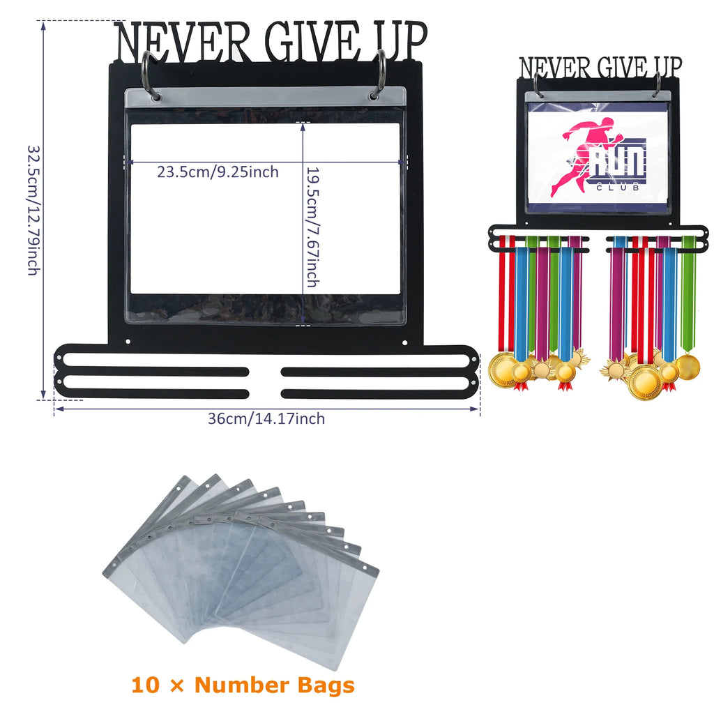 Colgador de medallas para pared, expositor de medallas con bolsas numeradas y ganchos para decoración de maratones, gimnasia y natación