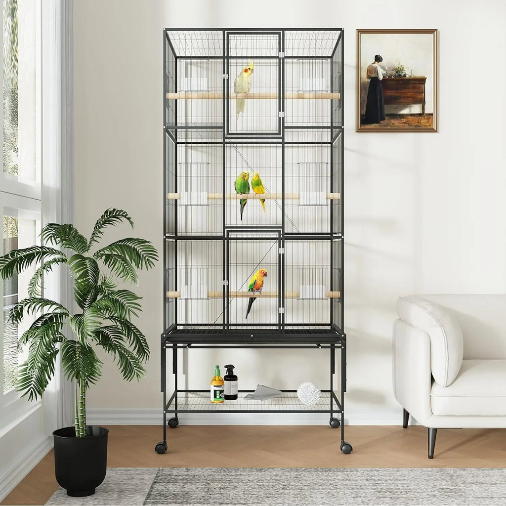 Jaula grande extra para pájaros de 69 pulgadas con ruedas para loros y cacatúas, jaula voladera con estante de almacenamiento, comederos y perchas de madera