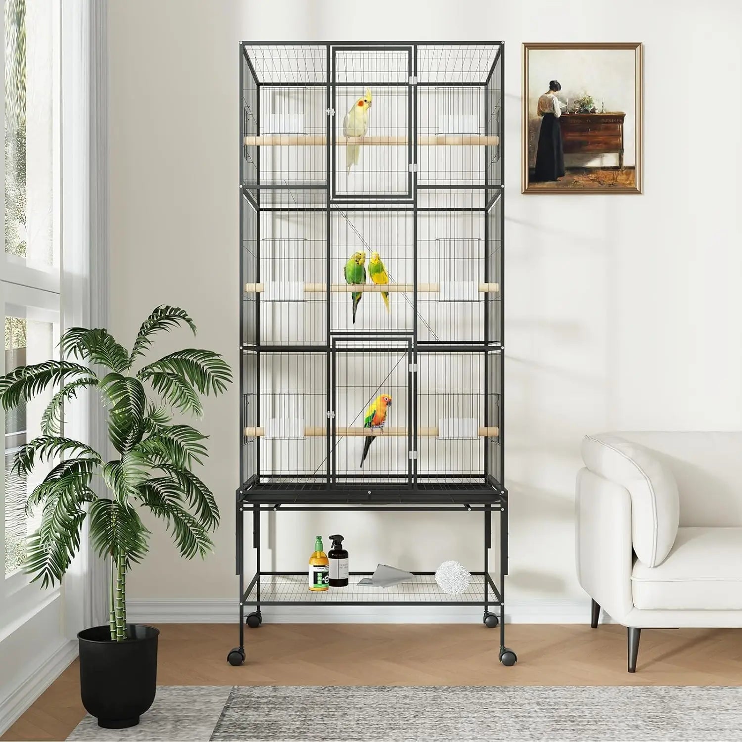 Jaula grande extra para pájaros de 69 pulgadas con ruedas para loros y cacatúas, jaula voladera con estante de almacenamiento, comederos y perchas de madera