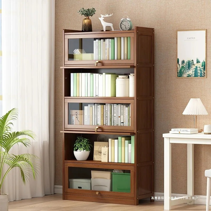 Estantería moderna de bambú con puertas abatibles, estantería de 4/5/6 niveles para sala de estar, dormitorio u oficina