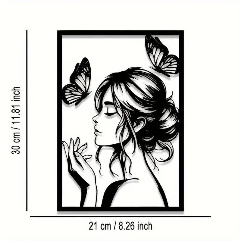 Arte de Pared de Metal con Mujer y Mariposa – Elegante Decoración Enmarcada para Habitación, Patio, Terraza, Regalo Perfecto para Ella