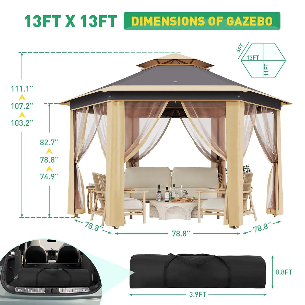 Cenador desplegable de 13x13 pies, tienda de campaña exterior con mosquitera, techo doble, toldo resistente para patio, jardín.