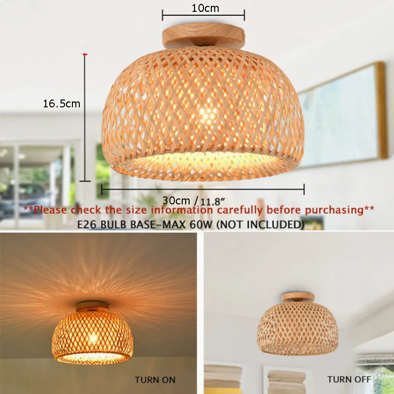 Lámparas de techo de bambú tejidas a mano de 30cm, lámpara de techo colgante LED, candelabro de mimbre, artesanía tejida a mano para decoración del hogar y dormitorio