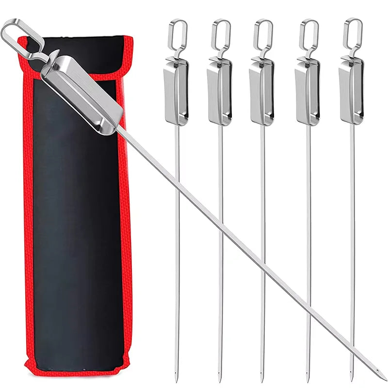 6 pinchos para kebab para parrilla, brochetas planas de acero inoxidable con mango metálico deslizante de liberación rápida YY085