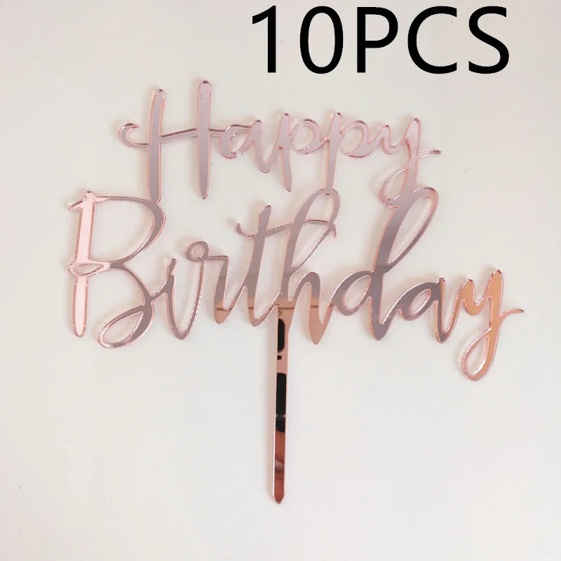 10 Piezas 1 Set Acrílico "Happy Birthday" Cake Topper Oro Plata Diseño Simple Niños Fiesta de Cumpleaños Decoración de Postres