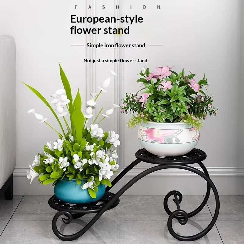 Estante para plantas de hierro de dos niveles, soporte de suelo para balcón, estantería minimalista para macetas de interior, estante para plantas colgantes