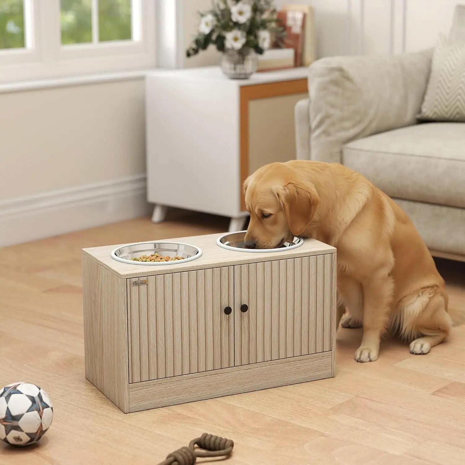 Comederos Elevados para Perros con Gabinete de Almacenamiento, Soporte Elevado para Comedero de Perros, Estación de Alimentación para Mascotas con Comedero Lento y Antideslizante, para Mascotas Grandes