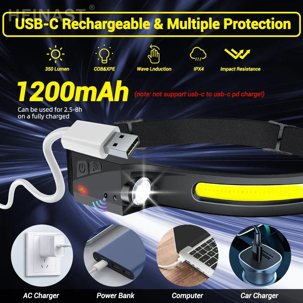 Faros de inducción COB LED con sensor, linterna de batería incorporada, recargable por USB, con 5 modos de iluminación
