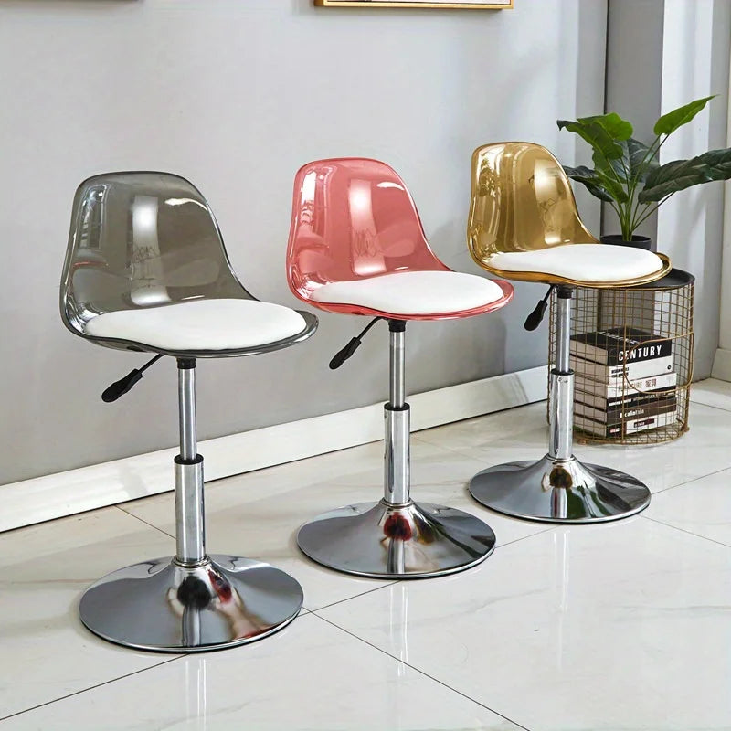 Taburete de Bar Moderno Ajustable con Respaldo Transparente Estructura Metálica Asiento Tapizado con Función de Elevación y Giro