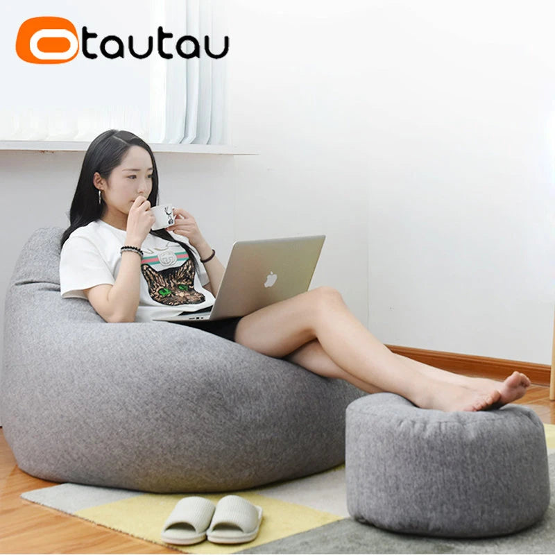 OTAUTAU Taburete Redondo D30cm*H20cm Puf de Lino Otomana con Relleno Puf Reposapiés Tatami Futón Puff JD001