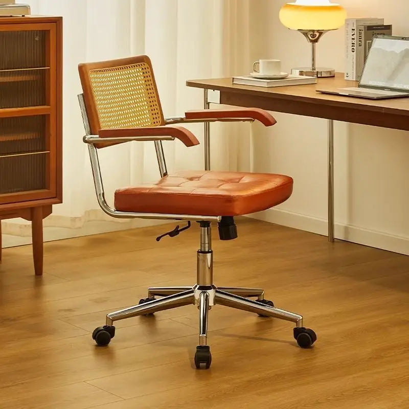 Silla de oficina de ratán de madera maciza, silla de ratán retro estilo celebridad de internet, silla de ordenador, silla giratoria elevable para el hogar, silla de estudio para estudiantes