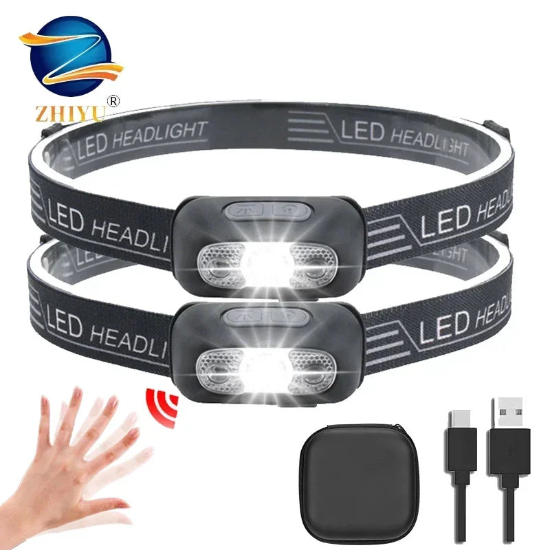 Mini linterna frontal LED, recargable por USB, con sensor de onda, linterna frontal para exteriores, lámpara doméstica para acampar, senderismo, emergencias, pesca