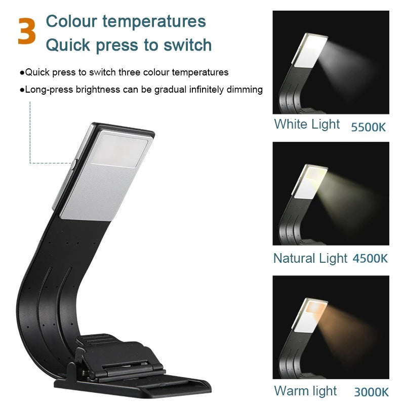 Luz de libro de 3 colores con clip de carga, luz de lectura y aprendizaje versátil, clip de luz de lectura con atenuación y protección ocular, lámparas LED de libro