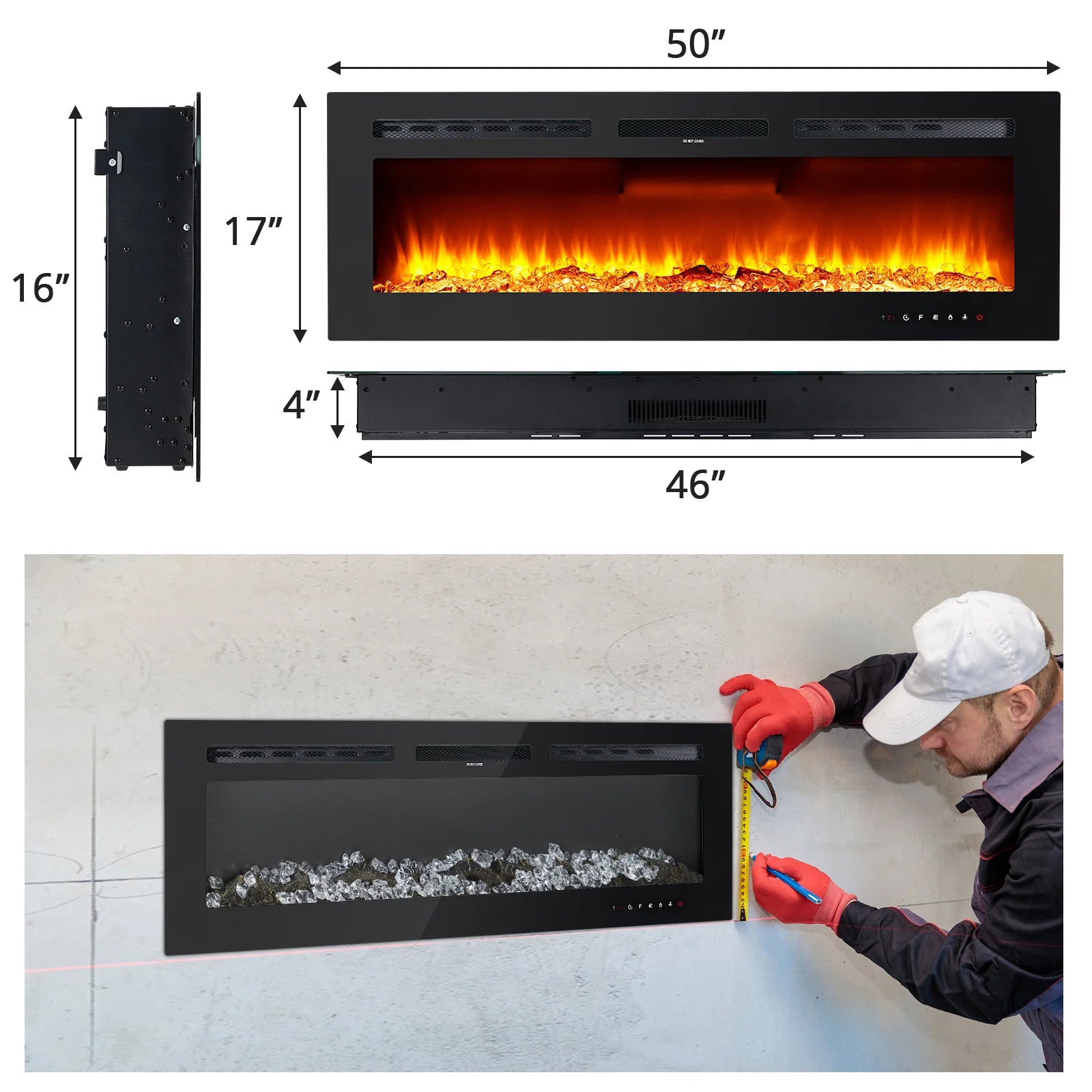 Inserto de chimenea eléctrica de 50 pulgadas, marco ultra estrecho, chimeneas de pared con 3 modos de calefacción, 12 colores de llama y control remoto