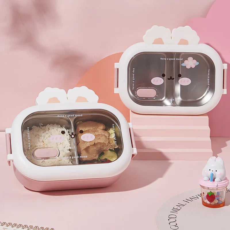 Fiambrera Bento de Acero Inoxidable con Diseño Creativo de Conejo, Dividida, Sellada, Portátil, con Hebilla, para Niños y Estudiantes, Lindos Regalos