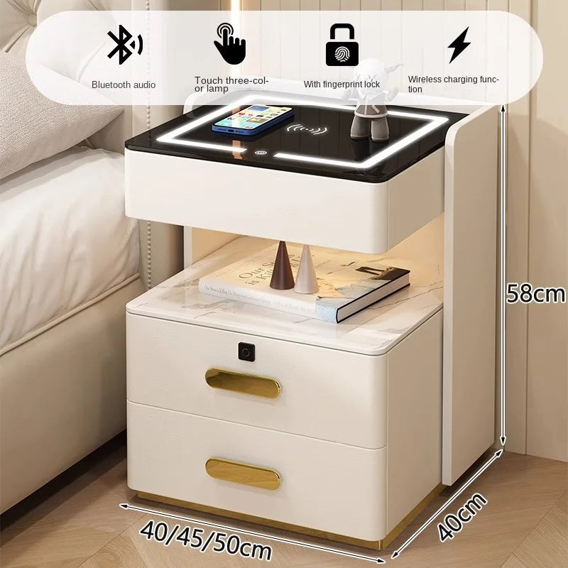 Mesita de noche inteligente con luz de sensor, cerradura de huella dactilar, altavoz Bluetooth, interfaz USB, carga inalámbrica para dormitorio