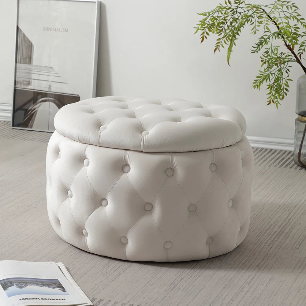 Puf otomano ovalado de terciopelo con capitoné moderno - Taburete reposapiés multifuncional con espacio de almacenamiento oculto para sala de estar o dormitorio