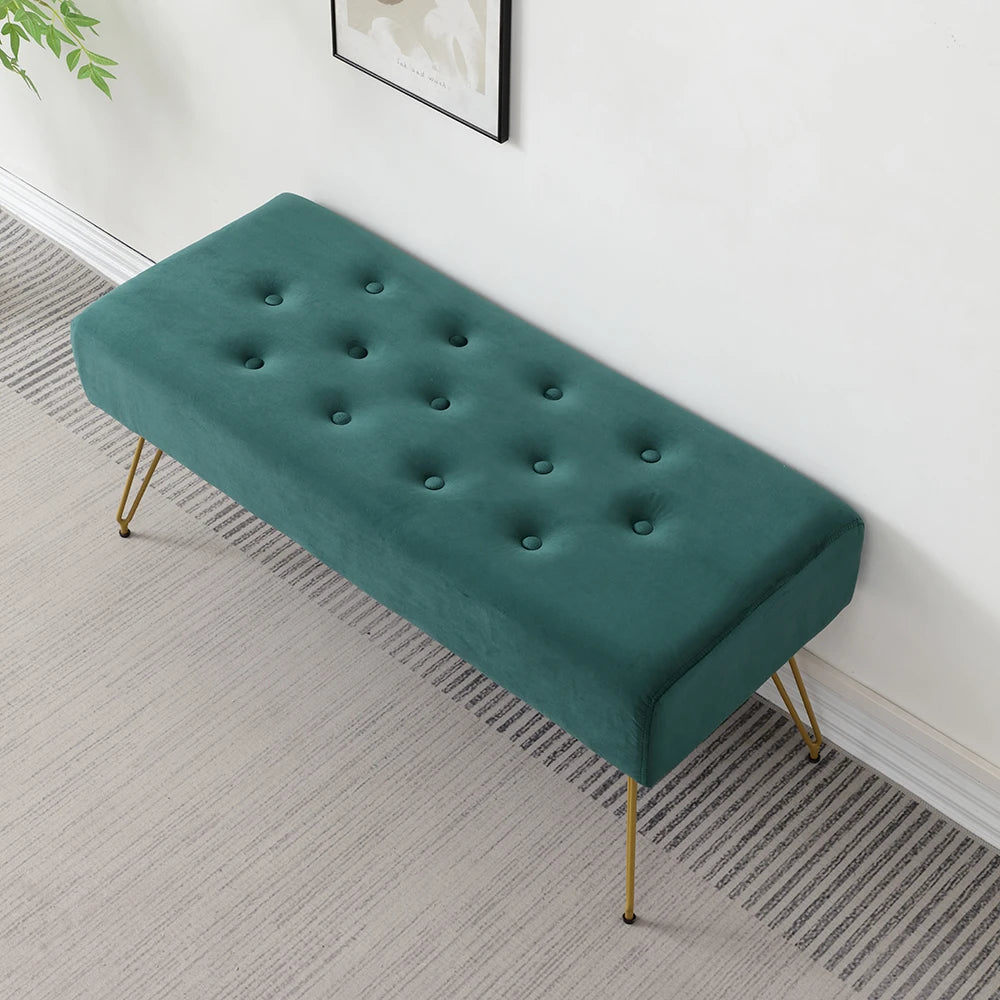 Moderno banco de entrada de terciopelo capitoné - Banco largo tapizado para zapatos con patas de metal dorado para pasillo, dormitorio, pie de cama