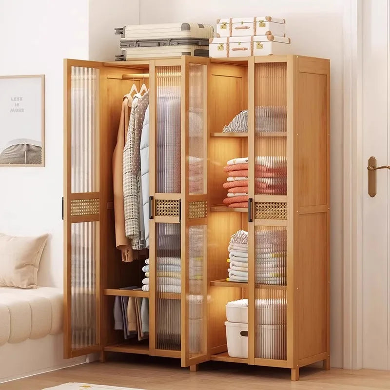 Armario de dormitorio, ropero sencillo de bambú con puerta, mueble de almacenamiento de ropa, armario guardapolvo moderno y simple.