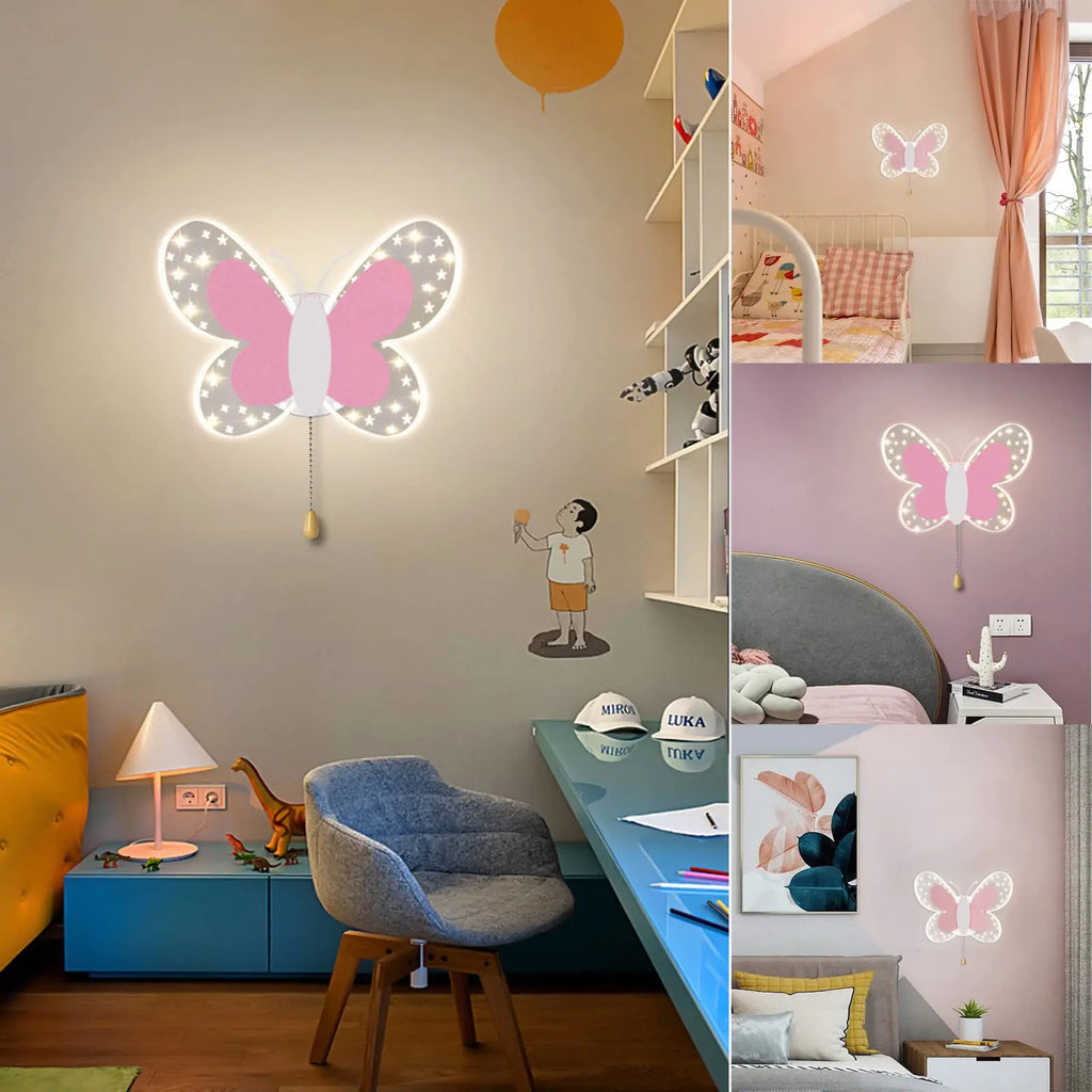 Lámpara de pared mariposa creativa para habitación infantil, apliques de pared rosa con interruptor de cordón, luces decorativas para mesita de noche, pasillo interior