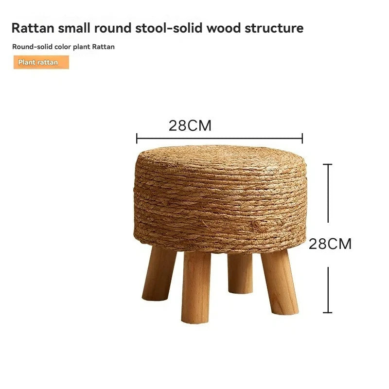 Taburete de hierba tejida, taburete bajo rural, taburete para cambiarse los zapatos de ratán tejido, taburete con cojín de asiento tejido engrosado