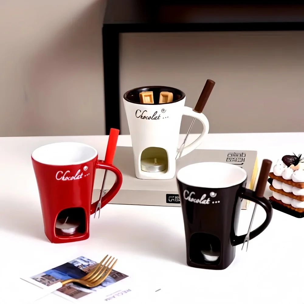 Juego de cuencos de cerámica reutilizables resistentes al calor para fondue de chocolate, para helado, queso, regalo de San Valentín, con tenedor, vela no incluida