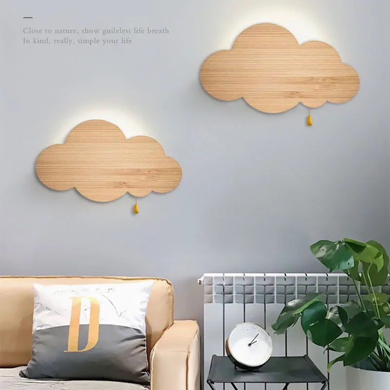 Lámpara de pared de nube con vetas de madera e interruptor regulador de intensidad LED, luz de pared para habitación infantil, guardería, dormitorio, lámparas de pared junto a la cama