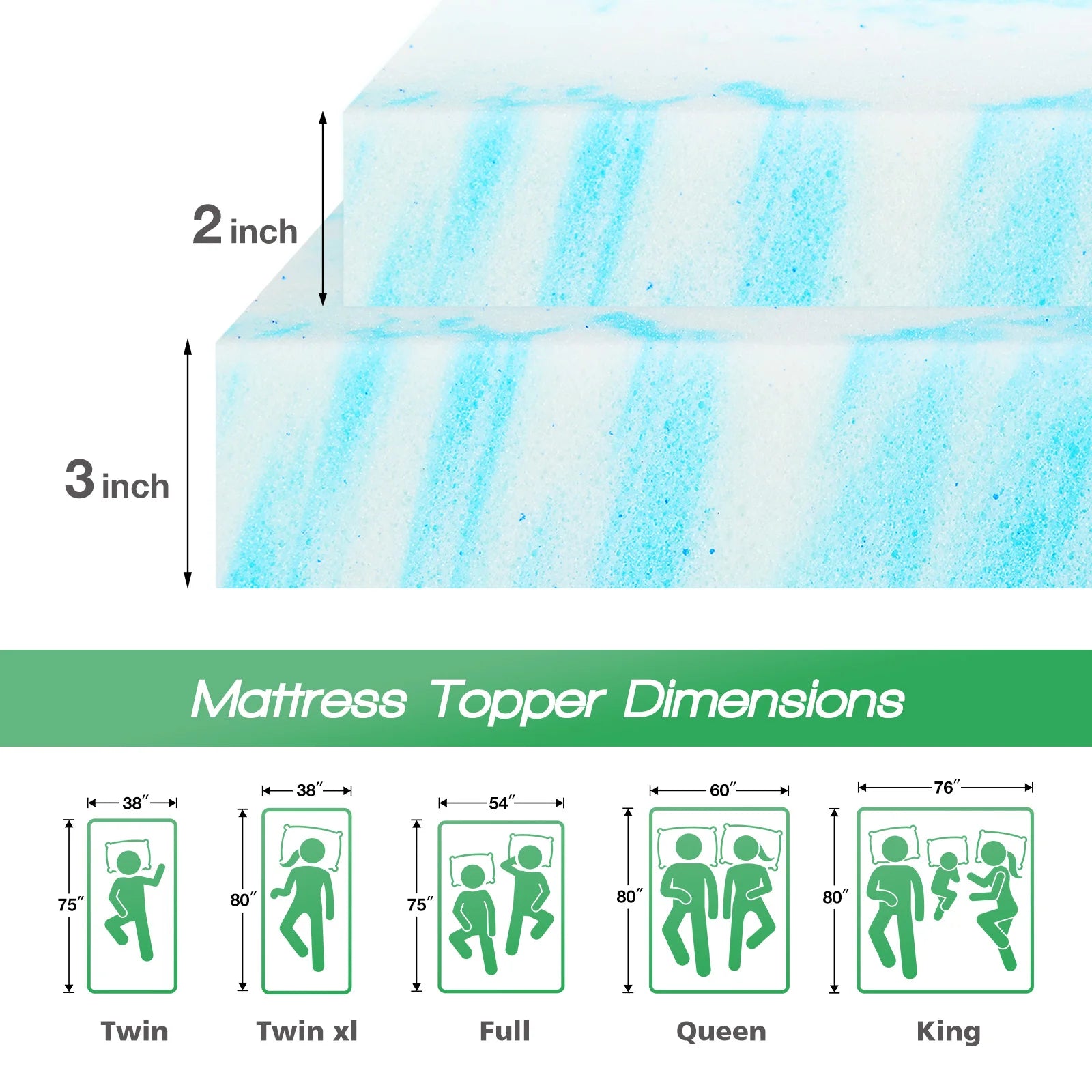 JHK Topper de colchón de espuma viscoelástica de gel de 2-3 pulgadas tamaño matrimonial, colchón refrescante, suave y transpirable, muebles para dormitorio escolar
