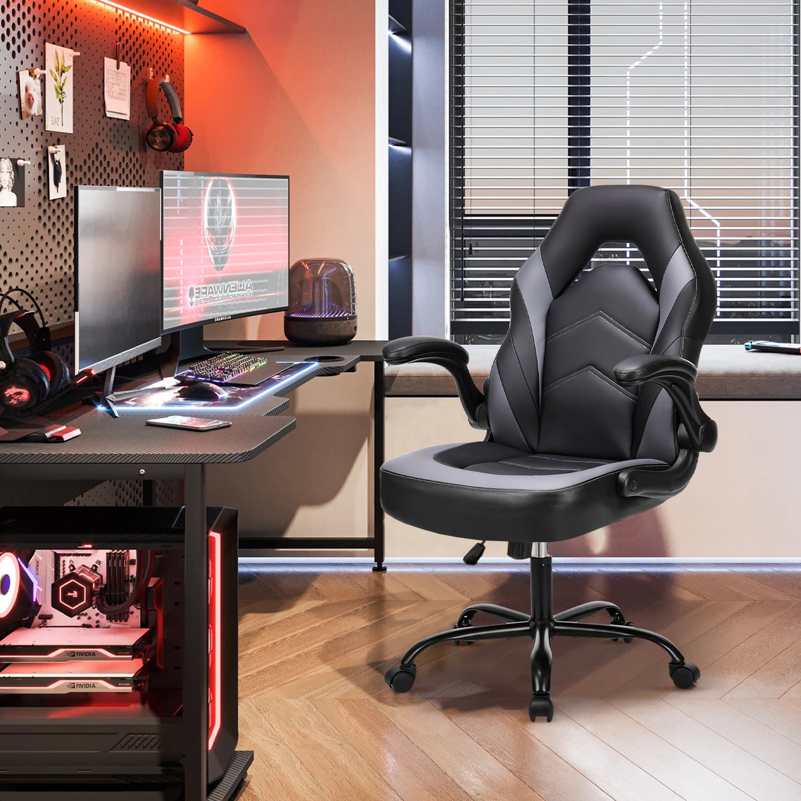 JHK Silla de escritorio ergonómica para oficina, ordenador, hogar, juegos, ajustable, de cuero PU, estilo de carreras, con reposabrazos abatible para muebles de Navidad