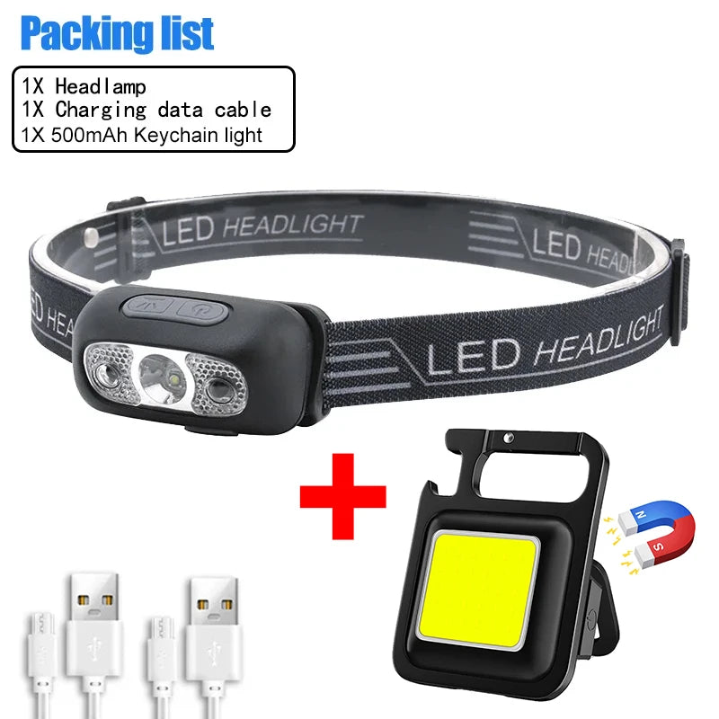 Mini linterna frontal LED, recargable por USB, con sensor de onda, linterna frontal para exteriores, lámpara doméstica para acampar, senderismo, emergencias, pesca