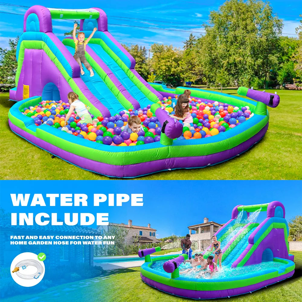 Tobogán acuático hinchable doble  Tobogán acuático hinchable de gran calidad con piscina para adultos y niños Incluye soplador Juego acuático para exteriores