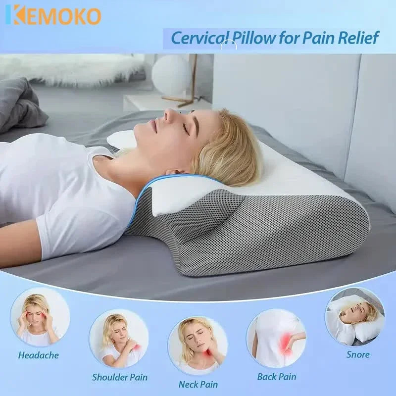Almohada cervical de espuma viscoelástica para el dolor de cuello, ayuda a dormir, almohadas ortopédicas ergonómicas de contorno 2 en 1 que no se colapsan