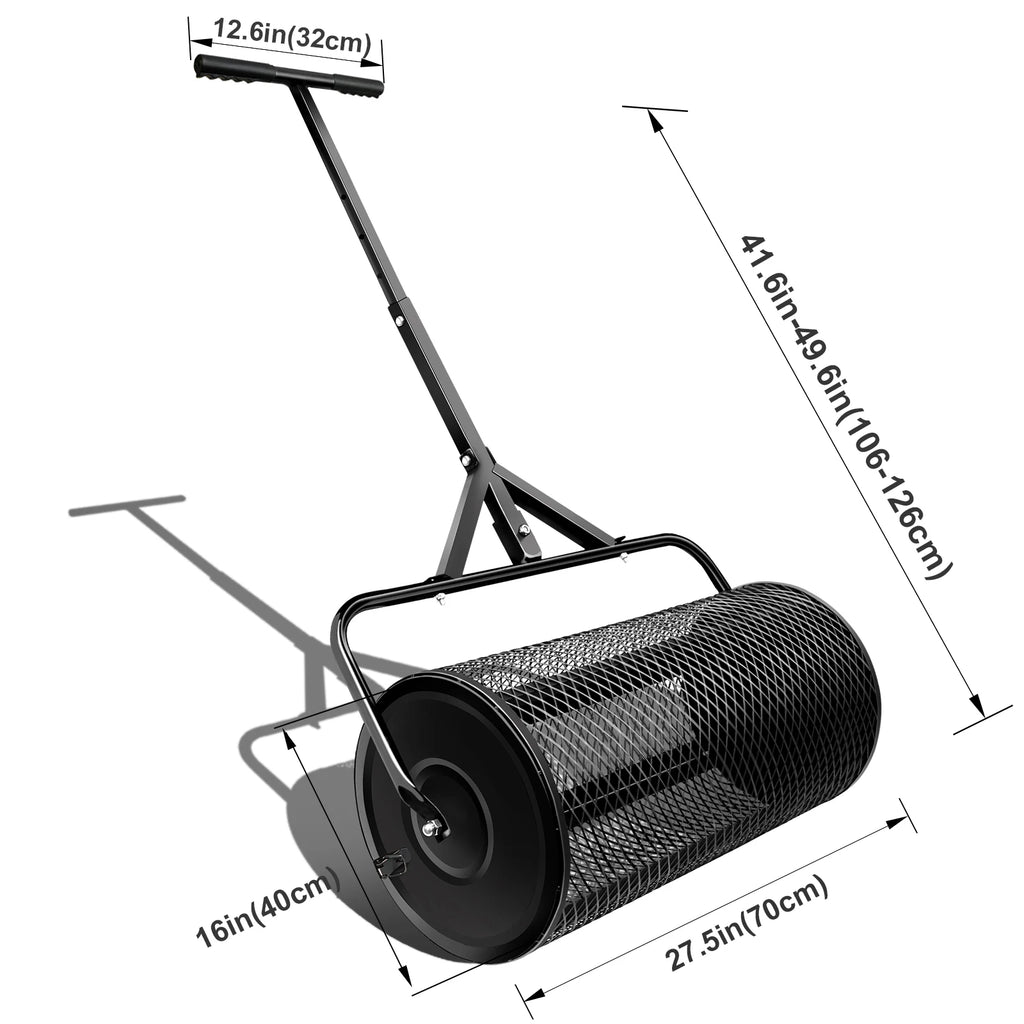Esparcidor de estiércol de malla metálica con mango en forma de T para compost, turba, césped, siembra de jardines, herramienta para triturar uvas