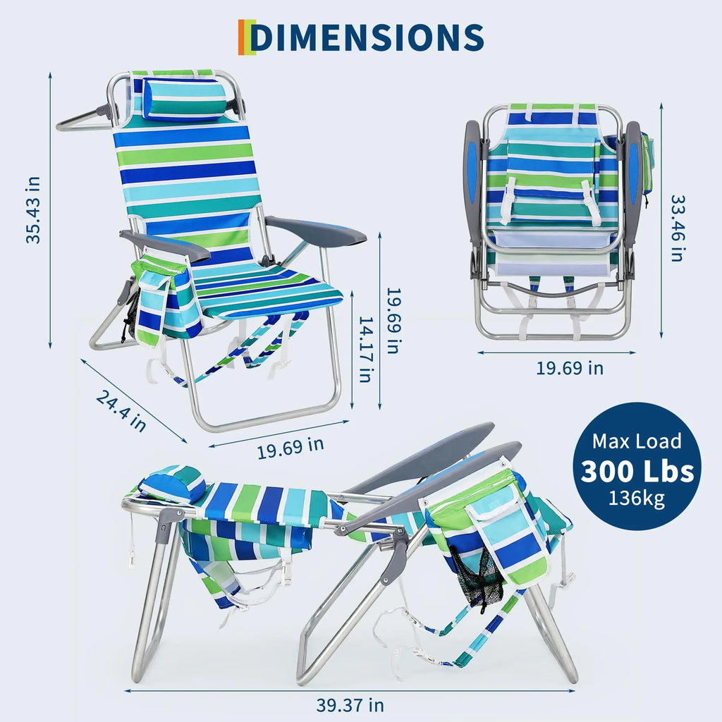 Paquete de 2 sillas de playa altas con mochila, silla de camping plegable plana, ligera, portátil, para exteriores, con bolsa nevera y portavasos