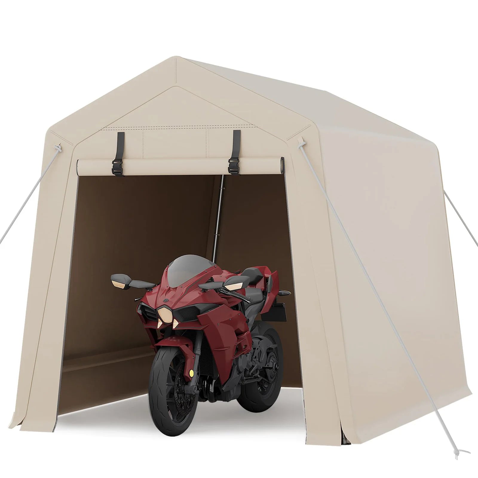 Cobertizo de almacenamiento para exteriores de alta resistencia de 6x8 pies, refugio portátil con estructura de acero y cubierta de lona de PE impermeable, puertas con doble cremallera y rejillas de ventilación de malla
