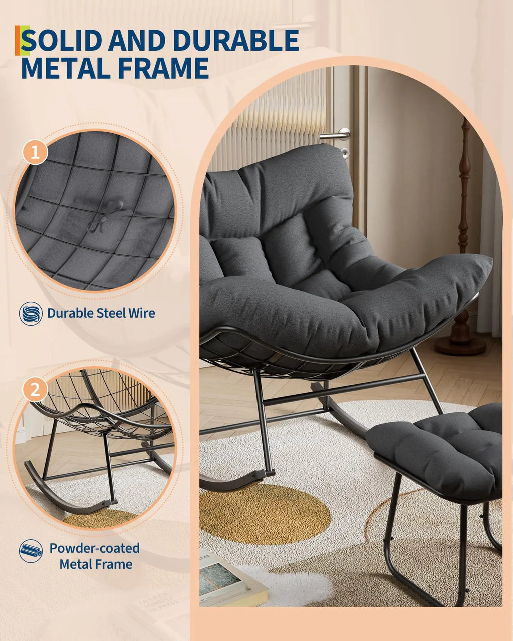 Mecedora Papasan extragrande con otomana, mecedora tipo huevo para exteriores para porche, balcón, patio trasero, alta resistencia, capacidad de 204 kg
