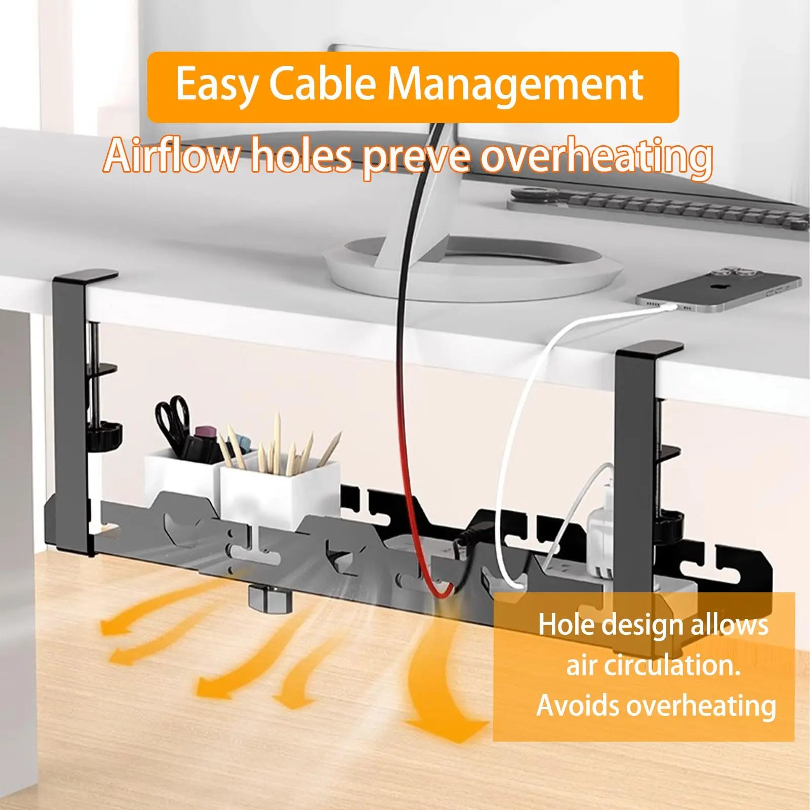 Organizador de cables extensible sin perforaciones para debajo del escritorio, bandeja de cables de metal para debajo del escritorio con abrazadera, soporte retráctil para regletas y cables