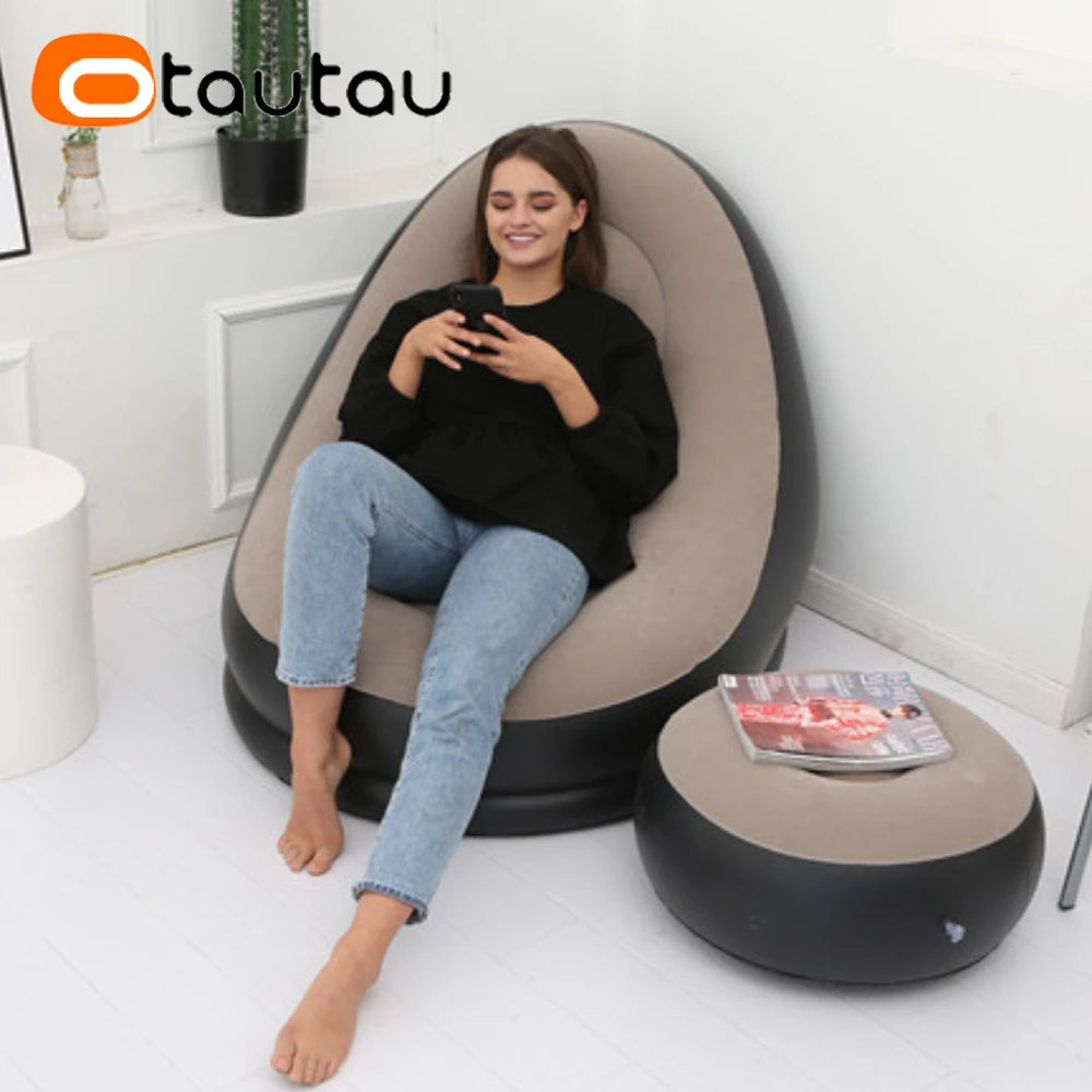 OTAUTAU Tumbona Hinchable con Taburete Otomana Tumbona Reclinable para Exteriores Sofá Portátil para Acampar Silla de Jardín Puf SF029