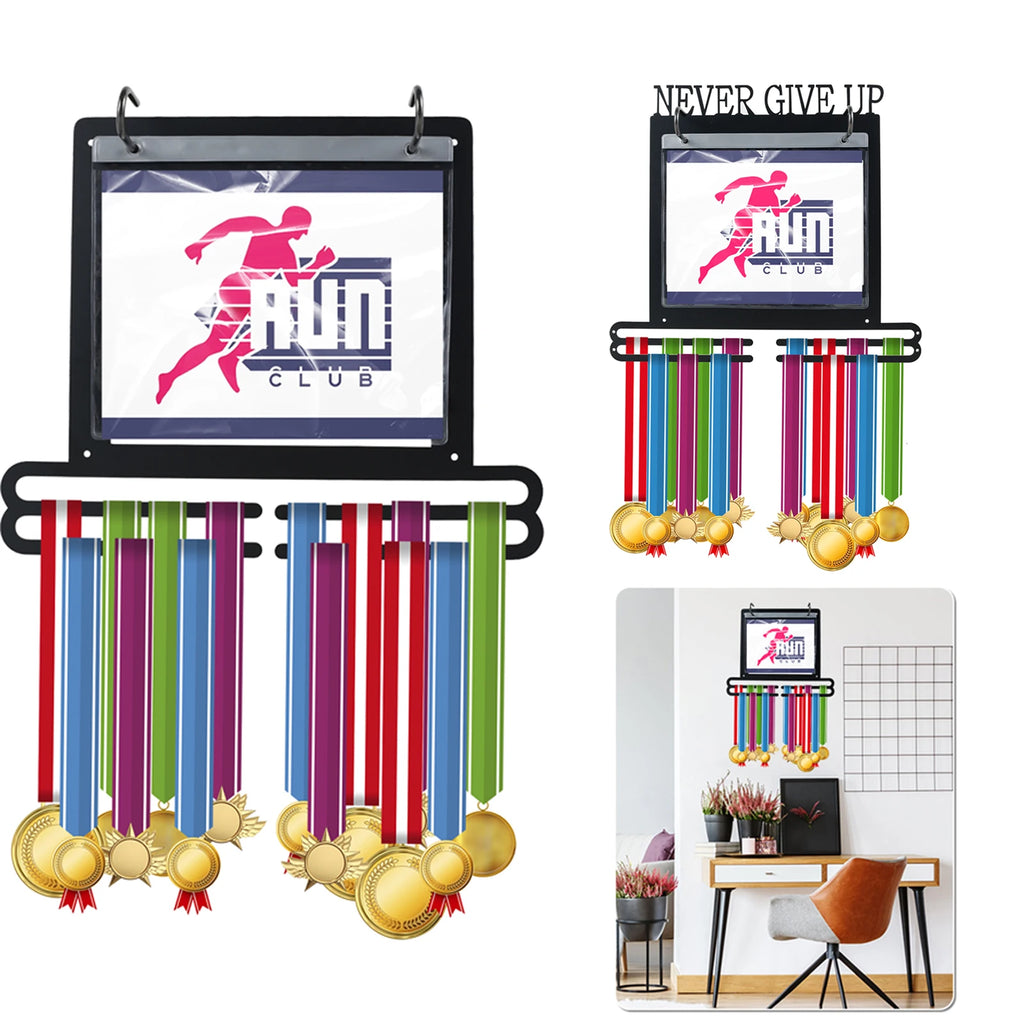 Colgador de medallas para pared, expositor de medallas con bolsas numeradas y ganchos para decoración de maratones, gimnasia y natación