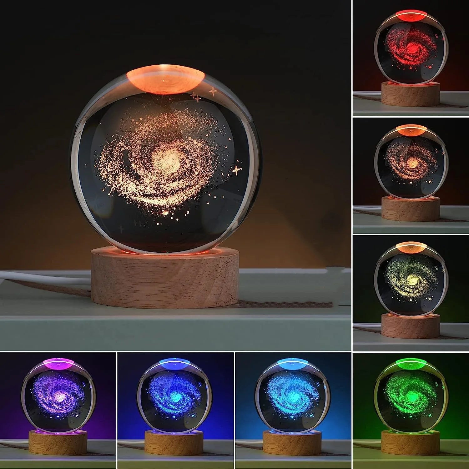 Lámpara de noche de 6cm Tema Solar Serie Cosmos Bola de Cristal Luces Nocturnas Vía Láctea Luna Pequeños Adornos para Escritorio Regalo Creativo RGB
